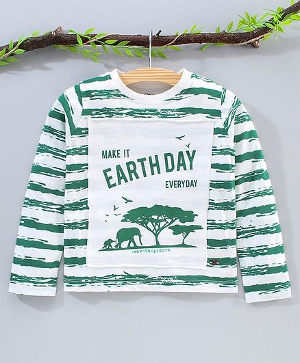 Ed-a-Mamma Full Sleeves Striped Earth Day Print Tee - Green