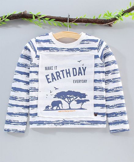 Ed-a-Mamma Full Sleeves Striped Earth Day Print Tee - Blue