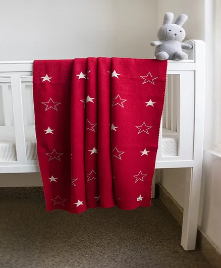 Pluchi Cotton Knitted AC Blanket Star Print - Red