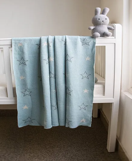 Pluchi Cotton Knitted AC Blanket Star Print - Blue
