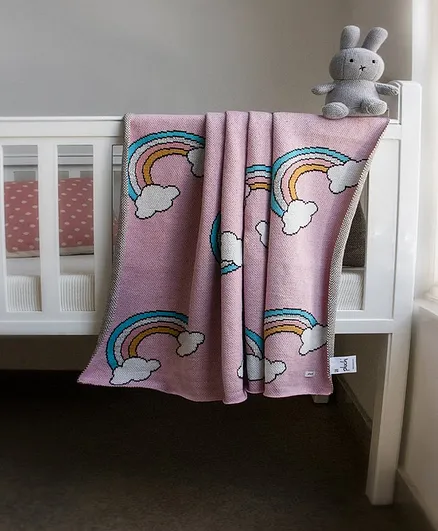 Pluchi Cotton Knitted AC Blanket Rainbow Print - Pink