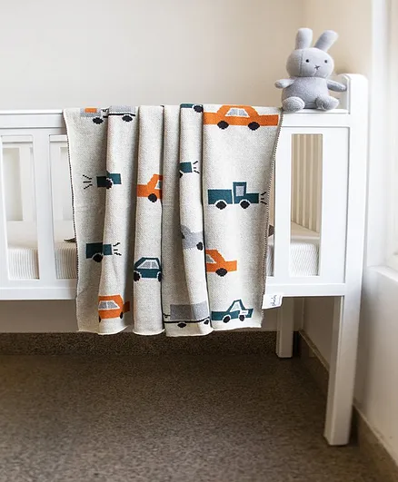 Pluchi Cotton Knitted AC Blanket Vehicle Print - Light Grey