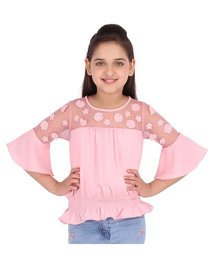 Cutecumber Half Sleeves Flowers & Glitter Embellished Top - Pink