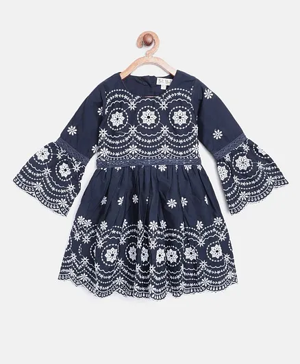 Bella Moda Full Bell Sleeves Embroidery Detailing Dress - Navy Blue