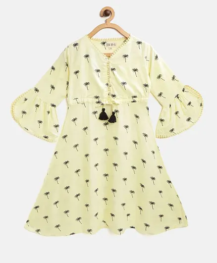 Bella Moda Bell Half Sleeves Palm Tree Printed Fit & Flare Dress - Yellow