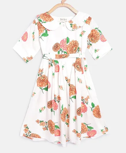 Bella Moda Half Sleeves Flower Printed Fit & Flare Dress - White