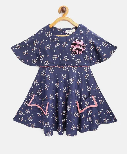 Bella Moda Half Sleeves Floral Print Fit & Flare Dress - Blue