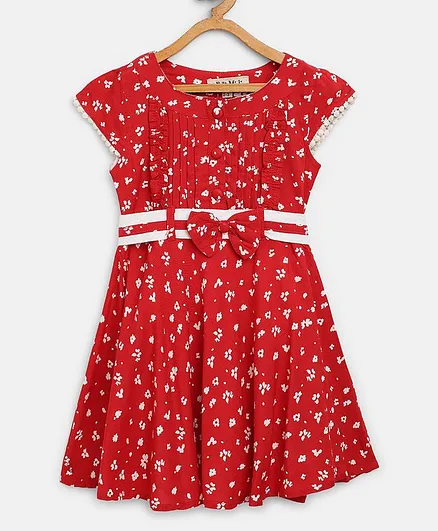 Bella Moda Cap Sleeves Flower Print Dress - Red