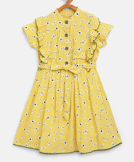 Bella Moda Short Sleeves Flower Print Dress - Yellow