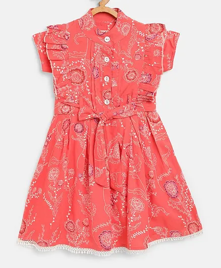 Bella Moda Short Sleeves Flower Print Ruffled Dress - Peach