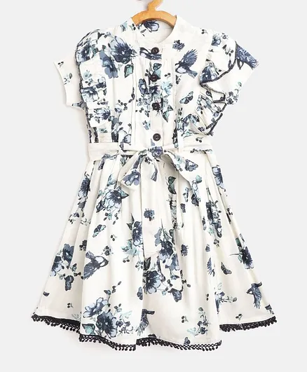 Bella Moda Short Sleeves Pom Pom Lace Floral Print Dress - White