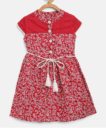Bella Moda Short Sleeves Floral Print Fit & Flare Dress - Red