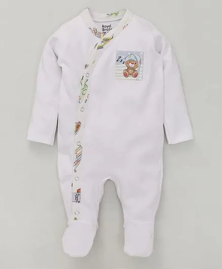 ROYAL BRATS Full Sleeves Teddy Print Romper - White