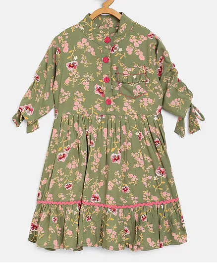 Bella Moda Three Fourth Sleeves Flower Printed Fit & Flare Dress - Green