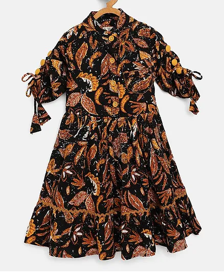 Bella Moda Three Fourth Sleeves Leaves Print Dress - Multicolor