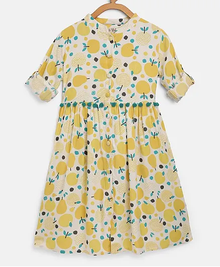 Bella Moda Full Sleeves Apple Print Dress - Yellow