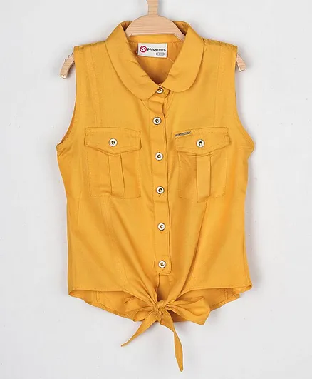 Peppermint Sleeveless Solid Color Shirt Style Top - Mustard