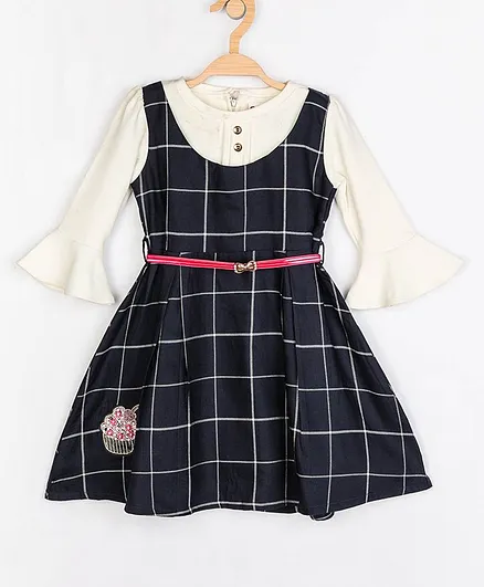 Peppermint Three Fourth Sleeves Checkered Dress - Navy Blue