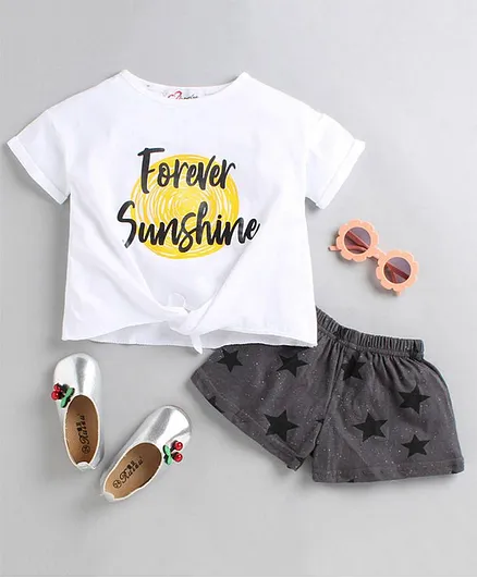 M'andy Half Sleeves Forever Sunshine Knotted Tee With Shorts - White