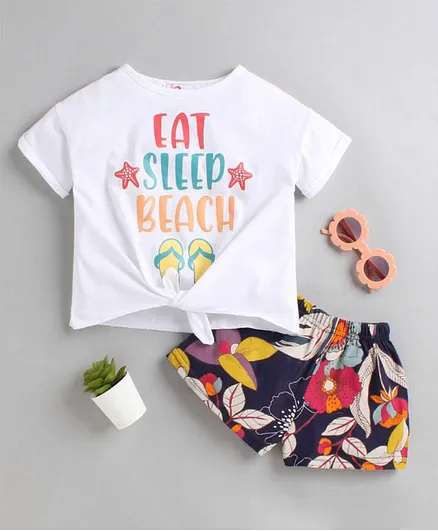 M'andy Half Sleeves Eat Sleep Beach Knotted Tee With Shorts Set - White