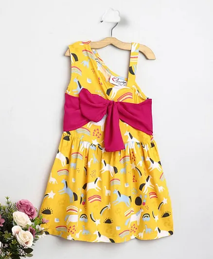 M'andy Animal Print With Front Bow Sleeveless Dress - Yellow