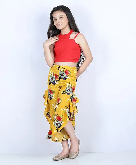 M'andy Sleeveless Halter Neck Top With Floral Print Frill Pants - Red