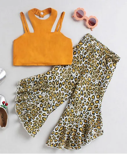 M'andy Sleeveless Halter Neck Top With Leopard Print Frill Pants - Yellow