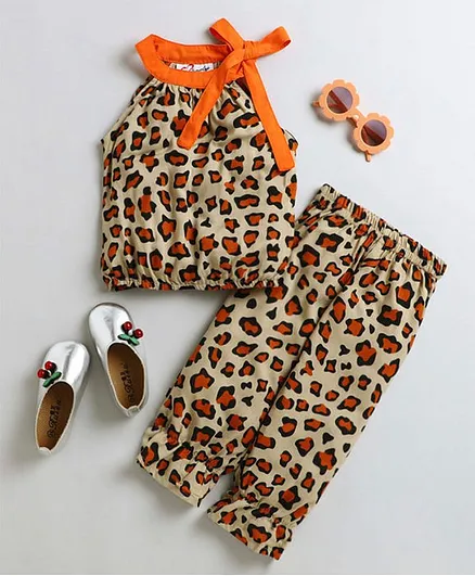 M'andy Sleeveless Leopard Print Top With Bottom - Beige