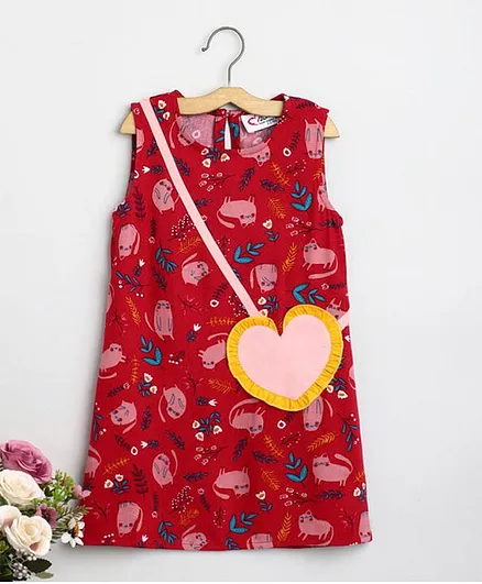 M'andy Sleeveless Cats Print & Heart Patch Dress - Magenta Pink