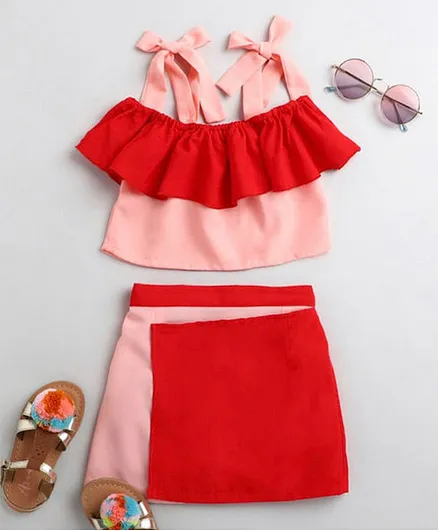 M'andy Sleeveless Tie Up Style Color Blocked Top With Skirt - Red