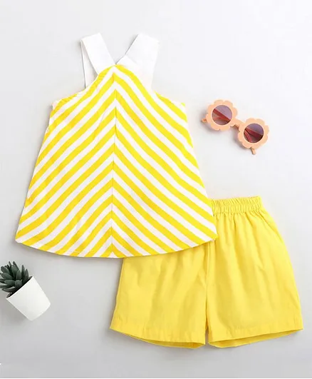 M'andy Sleeveless Chevron Detailed Top With Shorts - Yellow