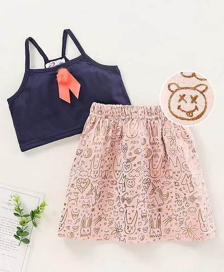 M'andy Sleeveless Crop Top With Printed Skirt - Peach