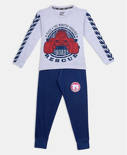 Nap Chief Full Sleeves Blaze Rescue Truck Print Tee With Lounge Pants - Grey