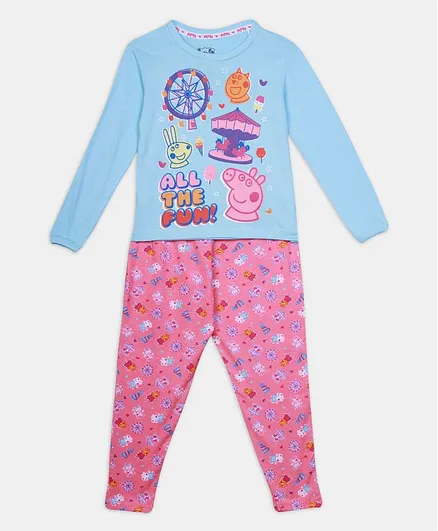 Nap Chief Full Sleeves Peppa Pig Carnival Print Tee With Pants - Light Blue & Pink