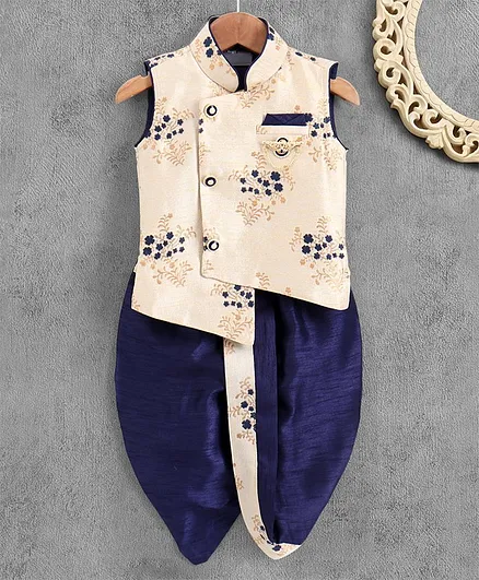 Dapper Dudes Sleeveless Flower Printed Kurta With Dhoti - Navy