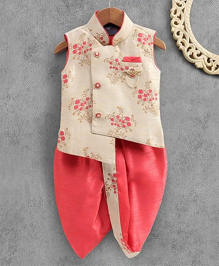 Dapper Dudes Sleeveless Flower Printed Kurta With Dhoti - Red