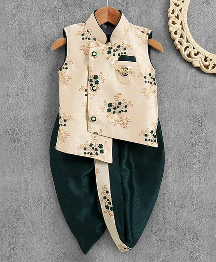 Dapper Dudes Sleeveless Flower Printed Kurta With Dhoti - Green