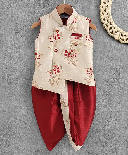 Dapper Dudes Sleeveless Flower Printed Kurta With Dhoti - Maroon