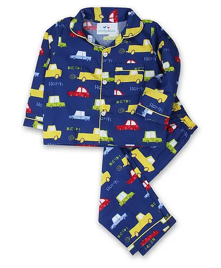 Knitting Doodles Full Sleeves Car Printed Night Suit - Dark Blue