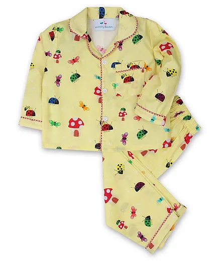 Knitting Doodles Full Sleeves Ladybugs And Butterfly Print Night Suit - Yellow