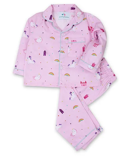 Knitting Doodles Full Sleeves Unicorn Printed Night Suit - Light Pink