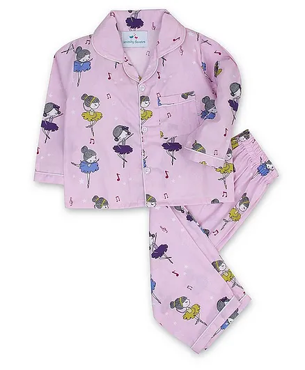 Knitting Doodles Full Sleeves Ballerina Printed Night Suit - Purple