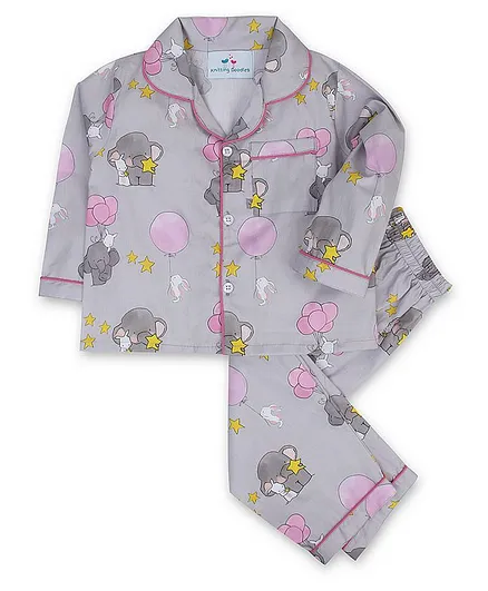 Knitting Doodles Full Sleeves Elephant Print Detailing Night Suit - Grey