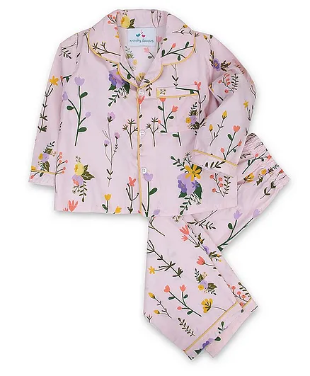 Knitting Doodles Full Sleeves Summer Flowers Print Night Suit - Peach