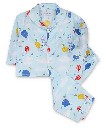 Knitting Doodles Full Sleeves Hot Air Balloons Print Night Suit - Light Blue