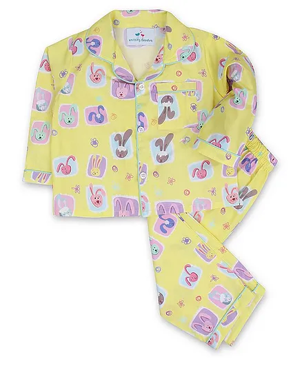 Knitting Doodles Full Sleeves Bunny Print Night Suit - Yellow