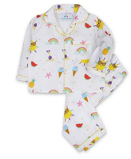 Knitting Doodles Full Sleeves Summer Theme Print Night Suit - White