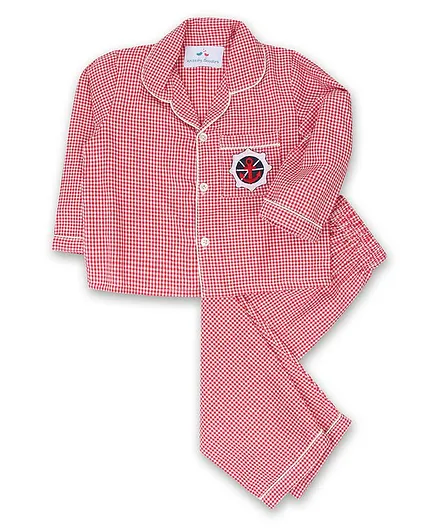 Knitting Doodles Full Sleeves Anchor Embroidered Checked Night Suit - Red