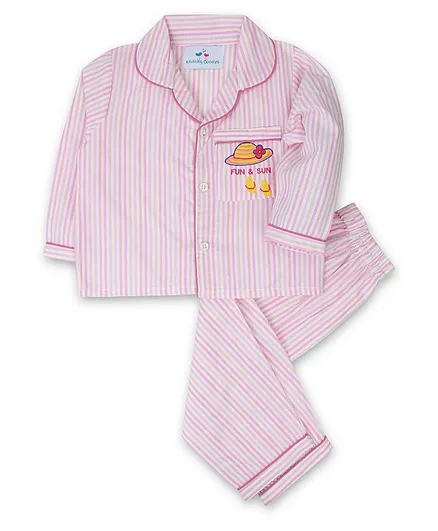 Knitting Doodles Full Sleeves Striped & Hat Embroidered Night Suit - Pink