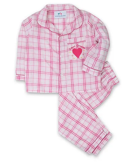 Knitting Doodles Full Sleeves Checked Night Suit - Pink